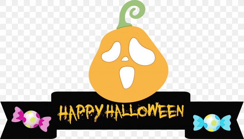 Logo Cartoon Yellow Meter Happiness, PNG, 2999x1715px, Happy Halloween Banner, Cartoon, Fruit, Happiness, Logo Download Free