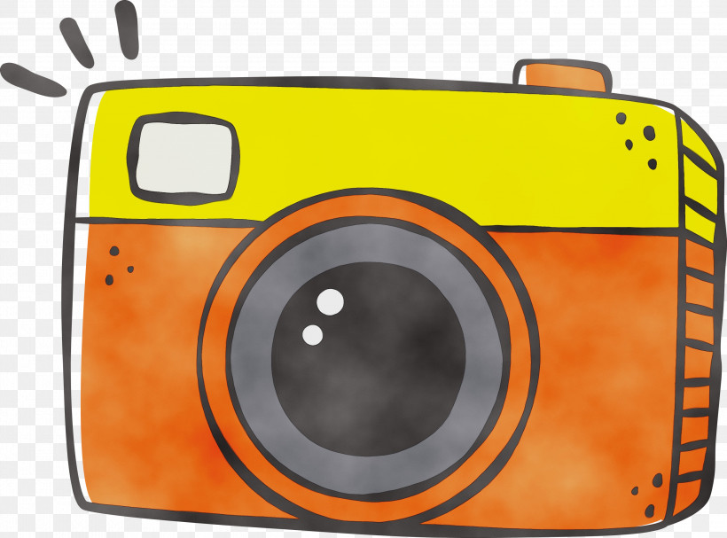 Camera Yellow, PNG, 3000x2224px, Camera Cartoon, Camera, Paint, Watercolor, Wet Ink Download Free
