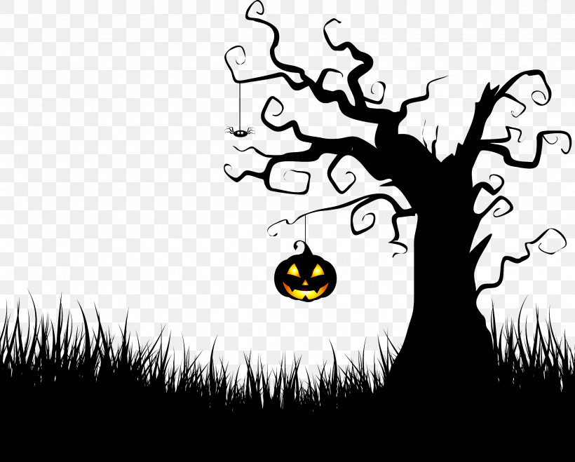 Halloween Halloween Tree, PNG, 2903x2334px, Halloween, Blackandwhite, Branch, Cartoon, Halloween Tree Download Free