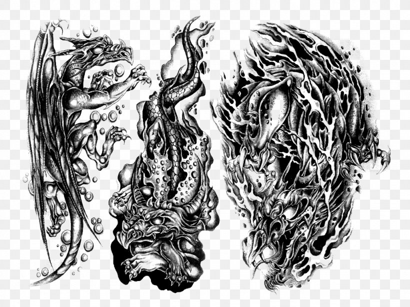 Sleeve Tattoo Flash Body Art, PNG, 1024x768px, Tattoo, Black And White, Body Art, Drawing, Fictional Character Download Free