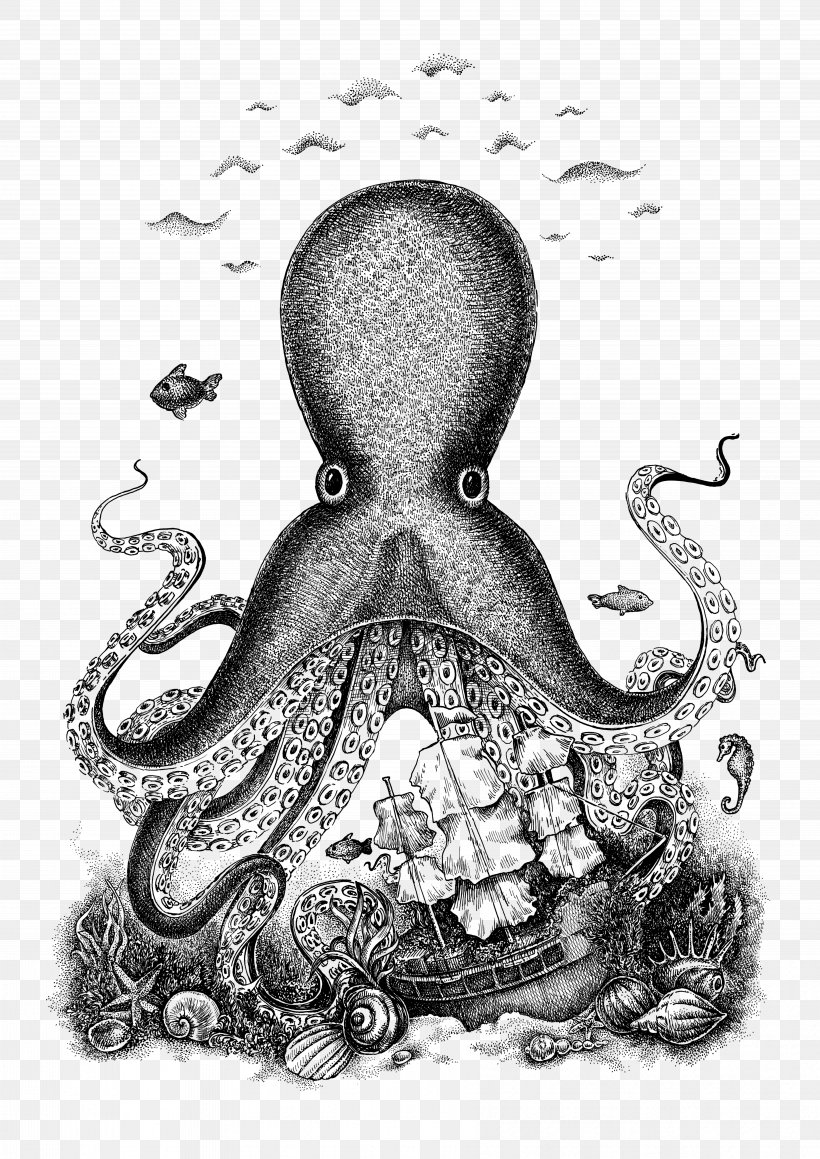 Drawing Royalty-free Art, PNG, 7039x9952px, Drawing, Art, Black And White, Cephalopod, Invertebrate Download Free