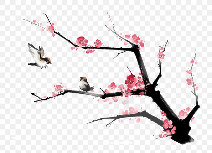 Ink Wash Painting Plum Blossom Bird-and-flower Painting, PNG, 750x591px, Ink Wash Painting, Birdandflower Painting, Branch, Cherry Blossom, Flower Download Free