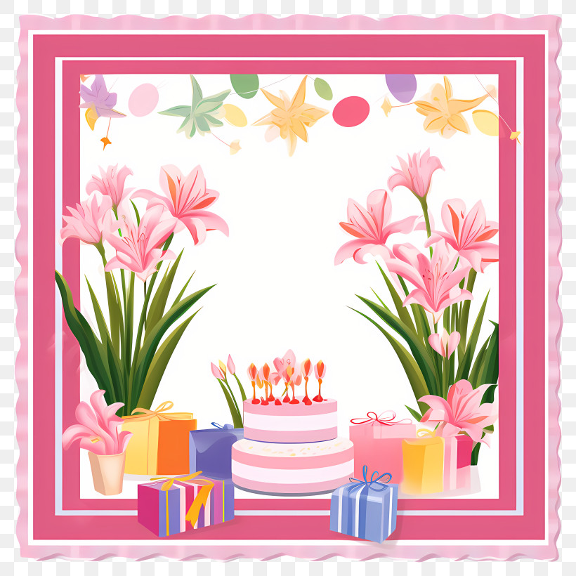 Birthday Party Frame - Floral Birthday Frame With Cake And Gifts PNG