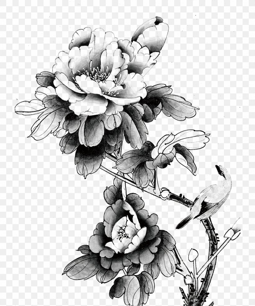 Moutan Peony Ink Wash Painting Gongbi Chinoiserie, PNG, 1000x1200px, Moutan Peony, Art, Birdandflower Painting, Black And White, Chinoiserie Download Free