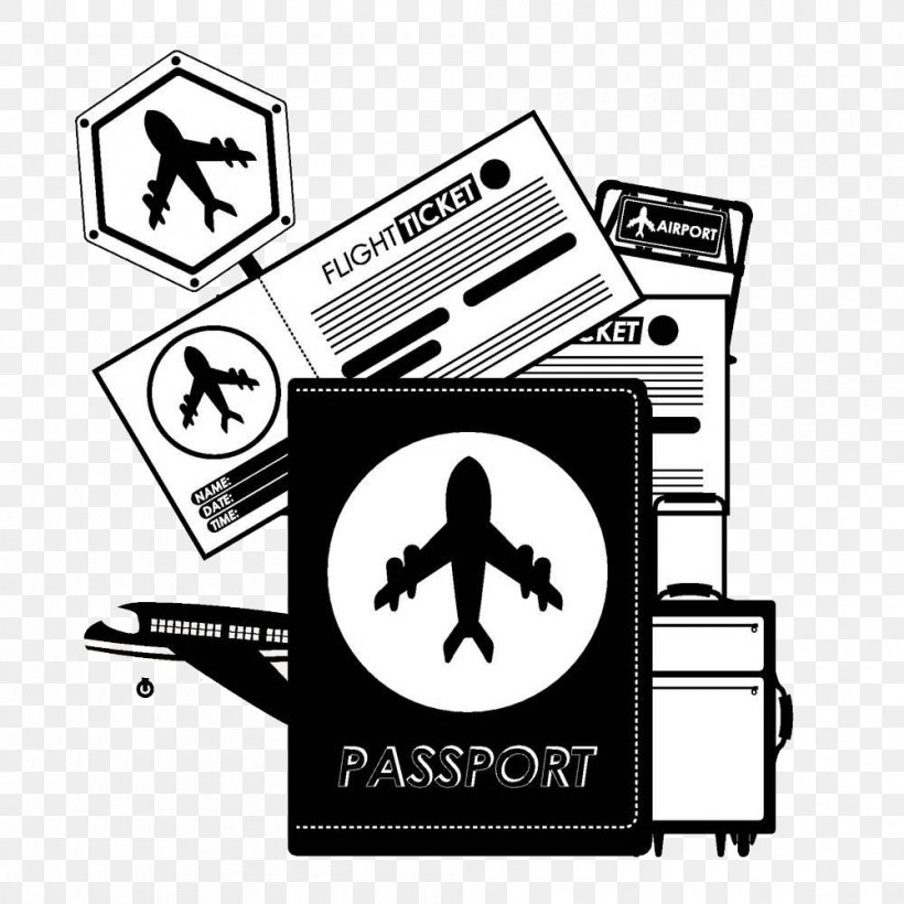 Airplane Passport Travel, PNG, 1000x1000px, Airplane, Black And White, Brand, Drawing, Label Download Free
