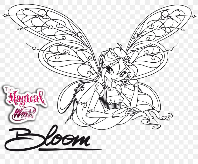 Bloom Musa Coloring Book Black And White Drawing, PNG, 1600x1330px, Bloom, Artwork, Black And White, Butterfly, Character Download Free