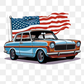 Fourth Of July - Vintage Car With American Flag PNG