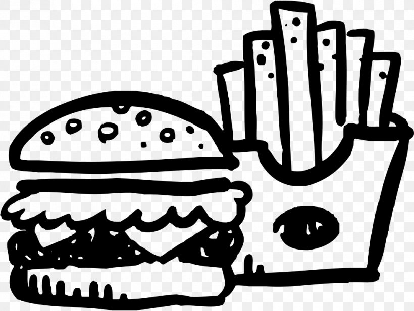 Hamburger French Fries Fast Food Junk Food Fish And Chips, PNG, 980x738px, Hamburger, Area, Artwork, Black And White, Cheeseburger Download Free
