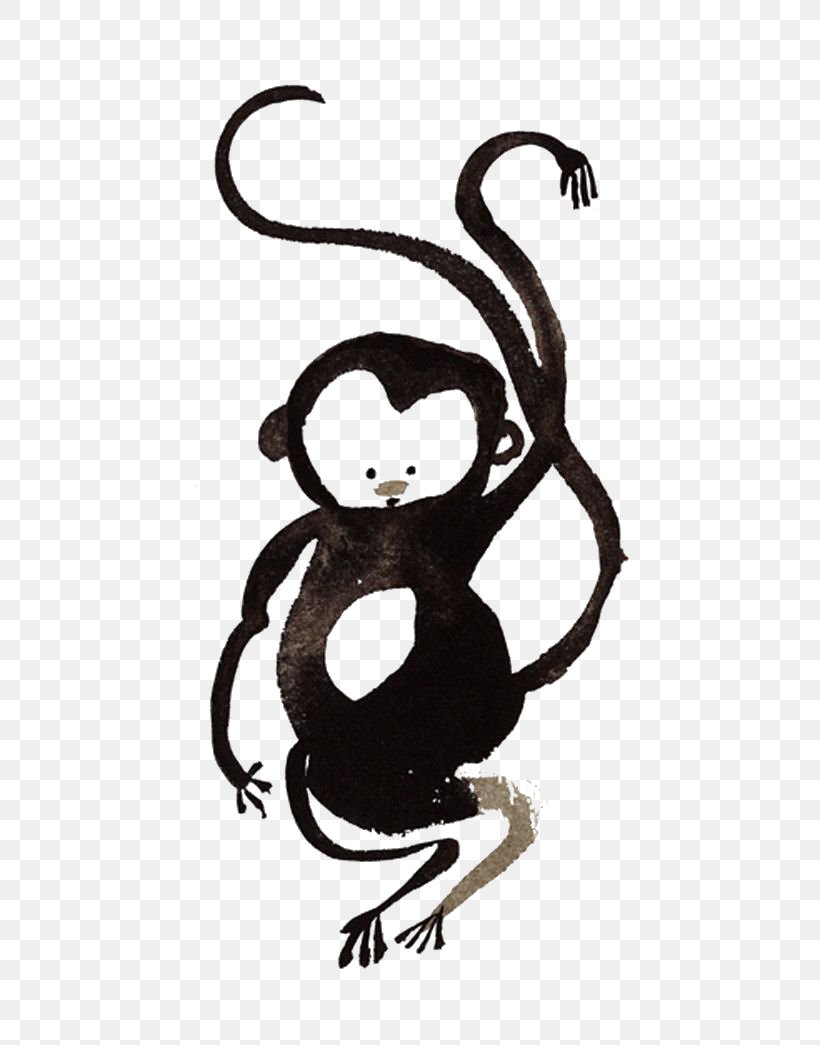 Monkey Chinese New Year Ink Wash Painting, PNG, 500x1045px, Monkey, Art, Astrological Sign, Black And White, Cat Like Mammal Download Free