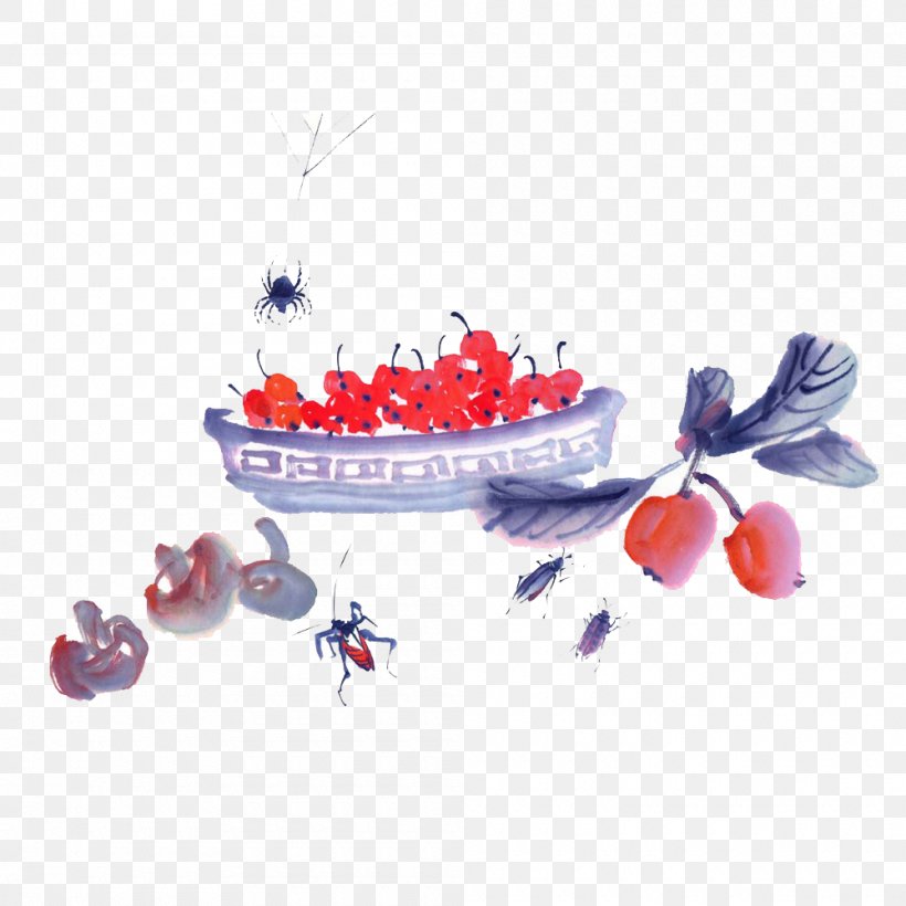 Ink Wash Painting Chinese Painting Cherry Auglis, PNG, 1000x1000px, Ink Wash Painting, Auglis, Birdandflower Painting, Blue, Cherry Download Free