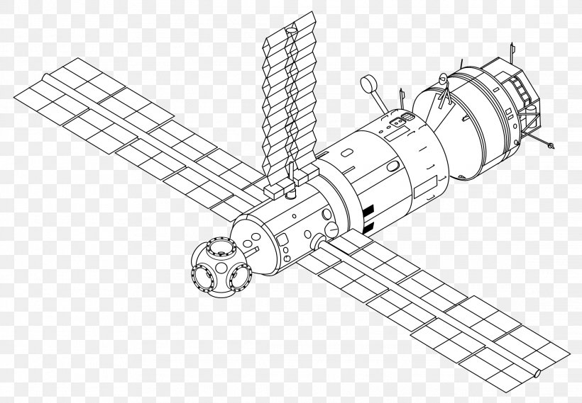 Mir Core Module Space Station Kvant-2 Soyuz, PNG, 2228x1548px, Mir, Almaz, Artwork, Black And White, Drawing Download Free