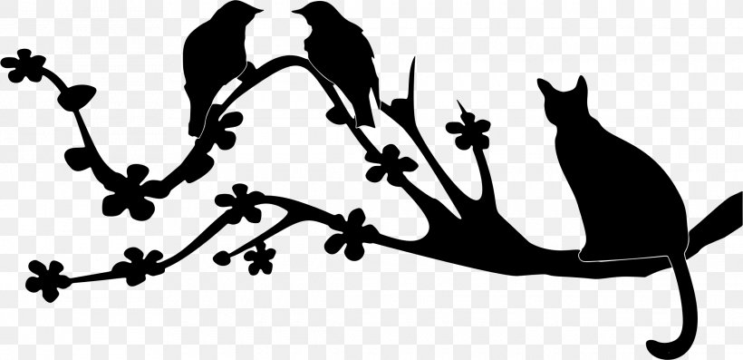 Bird Cat Silhouette Branch Clip Art, PNG, 2280x1104px, Bird, Black And White, Branch, Carnivoran, Cat Download Free