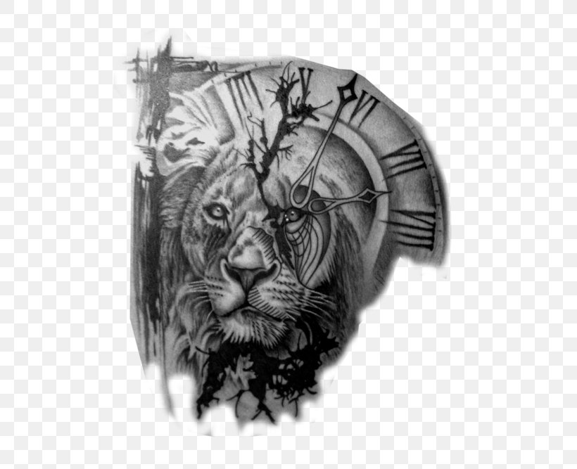 Lion Tattoo Artist Clock Black-and-gray, PNG, 500x667px, Lion, Arm, Bear Feathers, Big Cats, Black And White Download Free