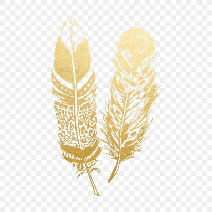 Feather T-shirt Gold Image Clip Art, PNG, 1024x1024px, Feather, Decal, Fashion Accessory, Gold, Leaf Download Free