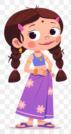 Chutki - Cartoon Girl In Beautiful Traditional Purple Attire PNG