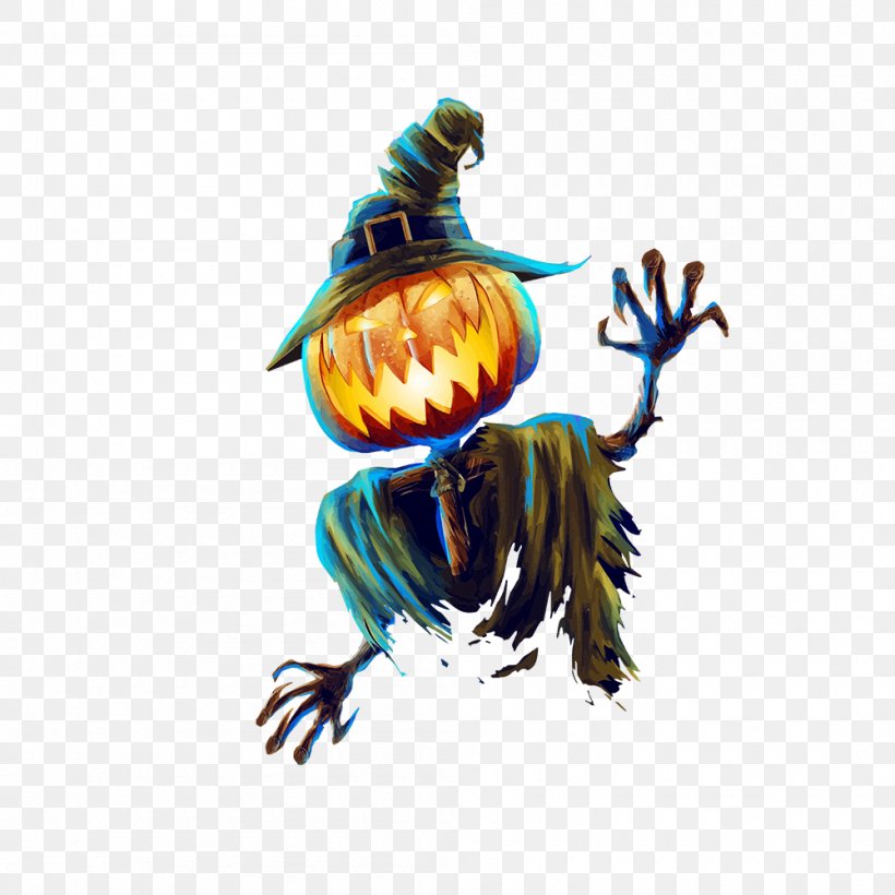 Halloween Scarecrow Jack-o-lantern Pumpkin, PNG, 1000x1000px, Halloween, Art, Beak, Bird, Cartoon Download Free