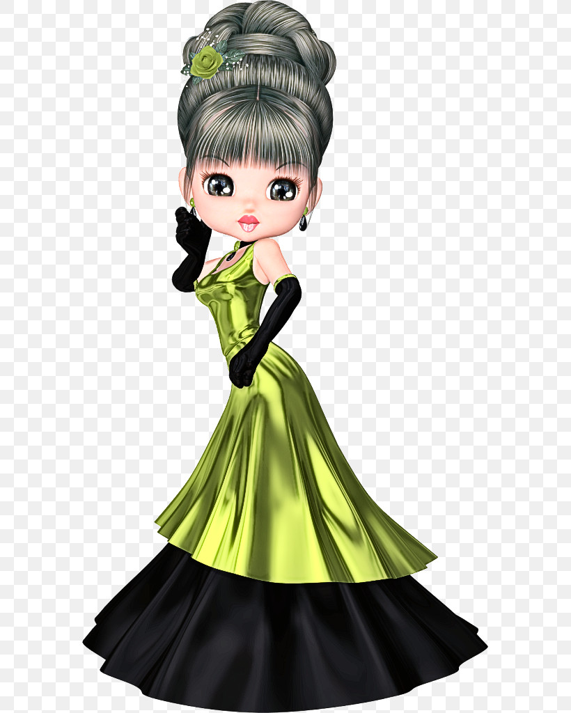 Green Gown Cartoon Dress Doll, PNG, 583x1024px, Green, Animation, Black Hair, Cartoon, Costume Design Download Free