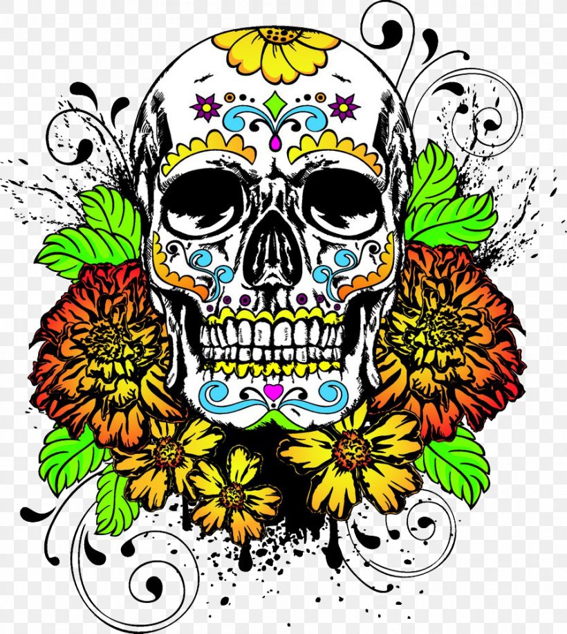 Calavera Marigold Day Of The Dead Human Skull Symbolism Death, PNG, 895x1000px, Calavera, Art, Bone, Day Of The Dead, Death Download Free