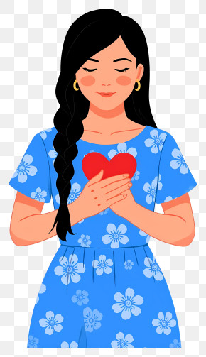 Woman Holding A Heart - Girl Holding A Heart In Blue Floral Dress PNG