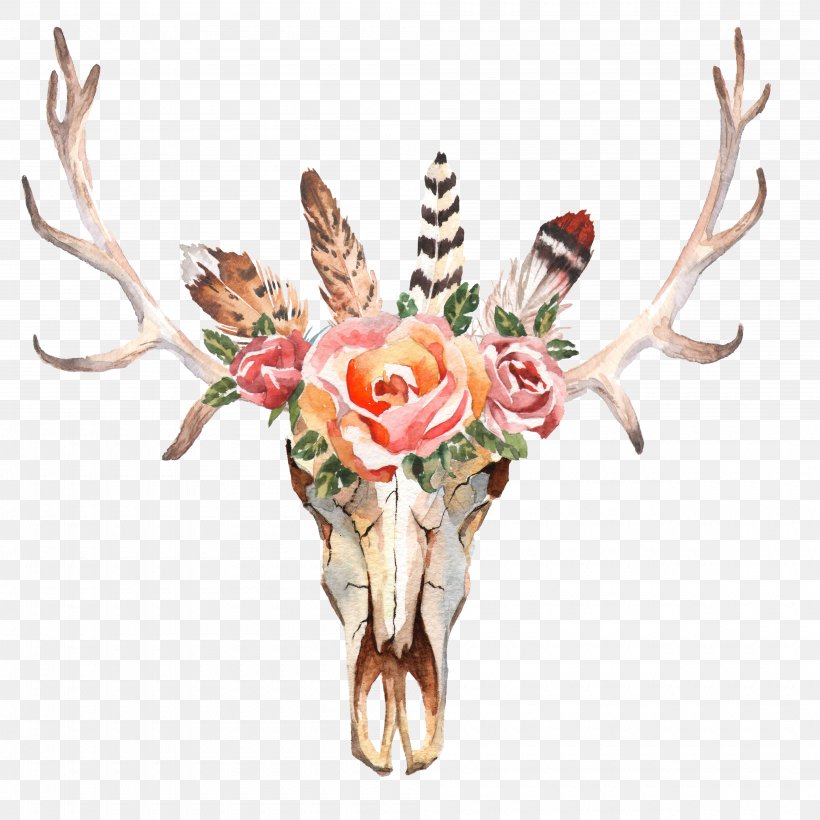 Deer Flower Skull Stock Photography Horn, PNG, 4000x4000px, Deer, Antler, Bohochic, Cut Flowers, Feather Download Free