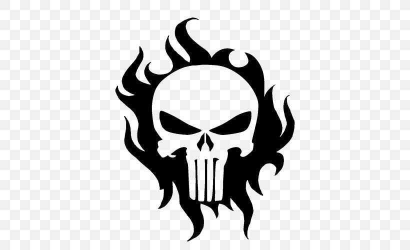 Punisher T-shirt Decal Human Skull Symbolism Clip Art, PNG, 500x500px, Punisher, Black And White, Bone, Bumper Sticker, Cartoon Download Free