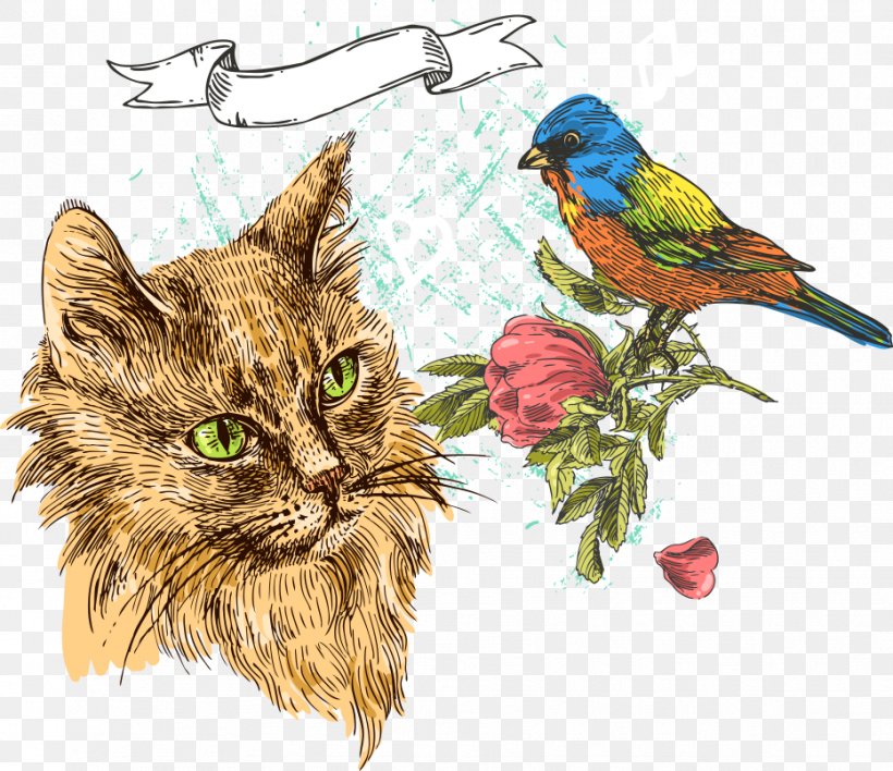 Cat Kitten Bird Illustration, PNG, 932x805px, Cat, Art, Beak, Bird, Carnivoran Download Free