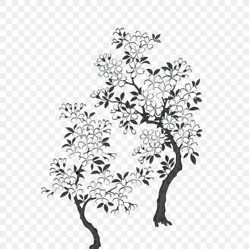 Black And White Cherry Blossom, PNG, 2362x2363px, Black And White, Black, Branch, Cartoon, Cherry Blossom Download Free