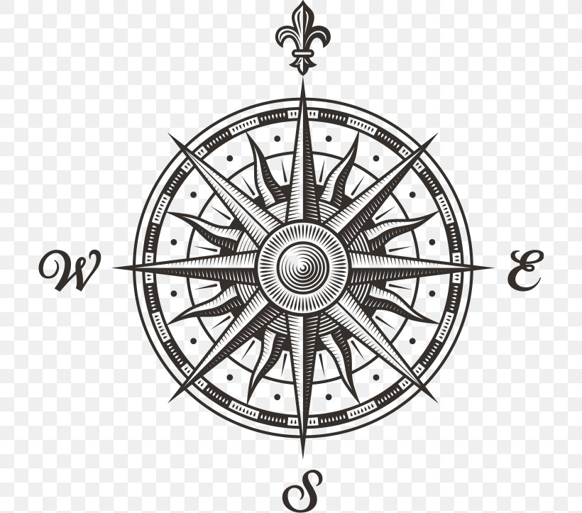 Compass Rose Stock Photography Clip Art, PNG, 712x723px, Compass Rose, Auto Part, Bicycle Part, Bicycle Wheel, Black And White Download Free