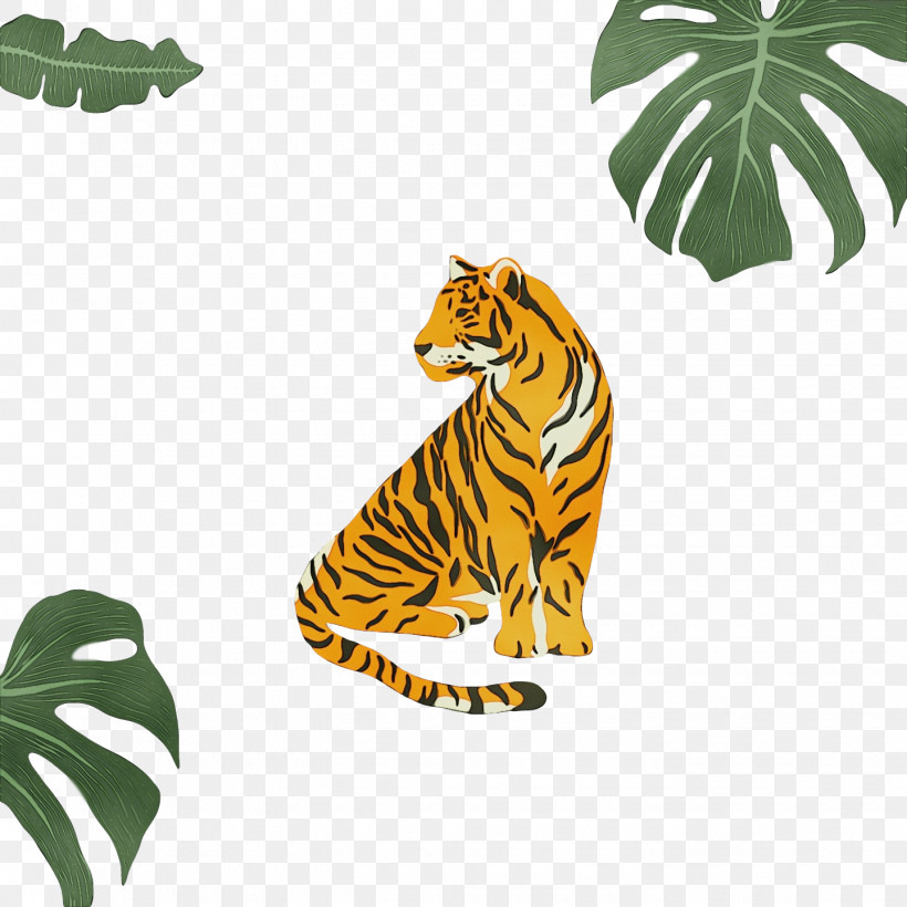 Tiger Animal Figurine Text Leaf Cat, PNG, 1440x1440px, Watercolor, Animal Figurine, Cat, Leaf, Paint Download Free