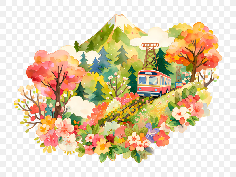 Scenic Mountain Cable Car In Blossoms PNG