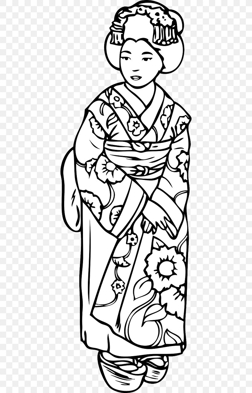 Geisha Vector Graphics Coloring Book Clip Art Image, PNG, 640x1280px, Watercolor, Cartoon, Flower, Frame, Heart Download Free