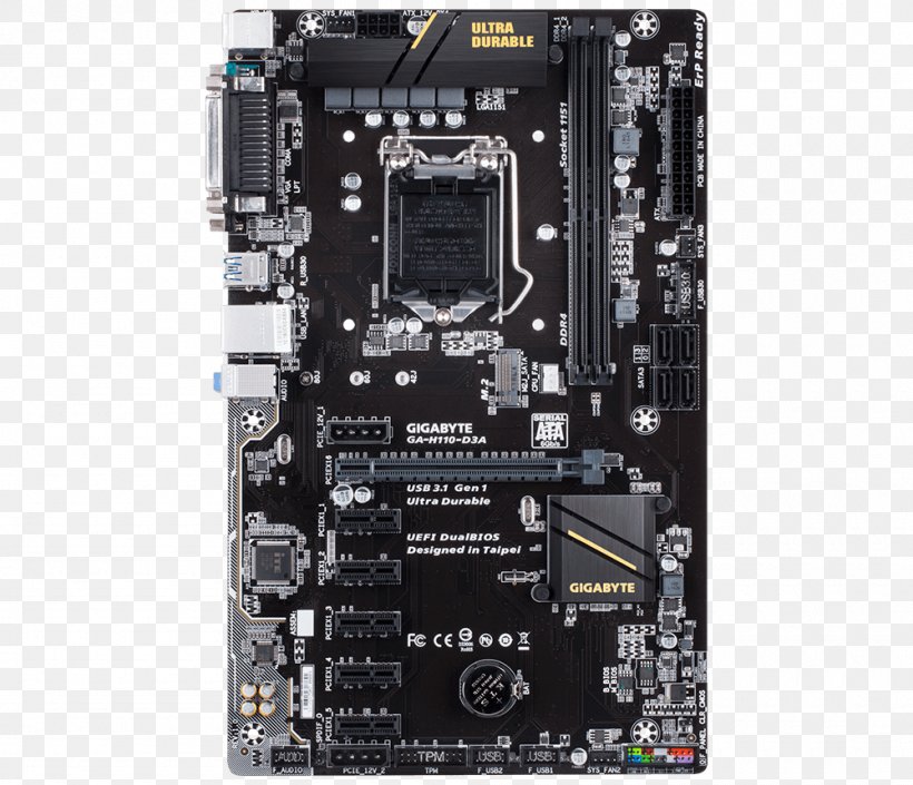 Intel LGA 1151 Gigabyte GA-H110-D3A Gigabyte Technology Motherboard, PNG, 1000x860px, Intel, Atx, Celeron, Computer Component, Computer Hardware Download Free