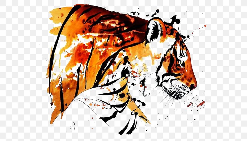 Bengal Tiger Watercolor Painting Tattoo Drawing, PNG, 564x468px, Bengal Tiger, Art, Big Cats, Brand, Carnivoran Download Free