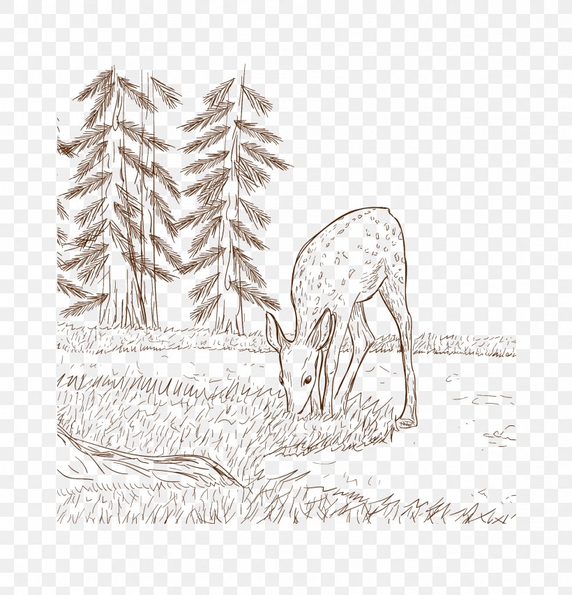 Sika Deer Eating Download Illustration, PNG, 1808x1880px, Deer, Art, Artwork, Black And White, Cattle Like Mammal Download Free
