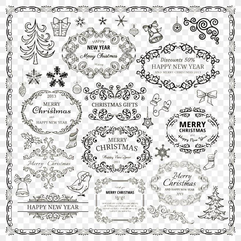 Christmas Ornament Royalty-free, PNG, 1000x1000px, Christmas, Area, Black And White, Border, Christmas Decoration Download Free