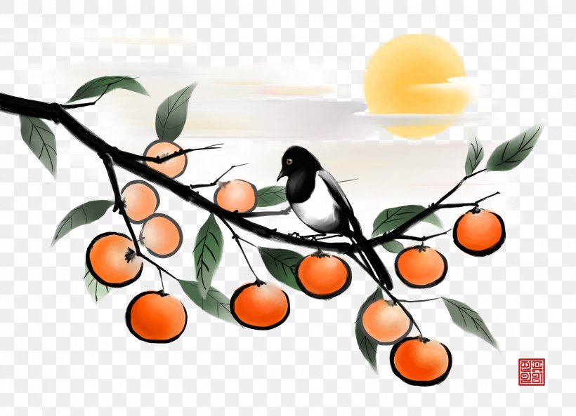 Fruit Japanese Persimmon Illustration, PNG, 3425x2480px, Fruit, Branch, Food, Ink, Ink Wash Painting Download Free