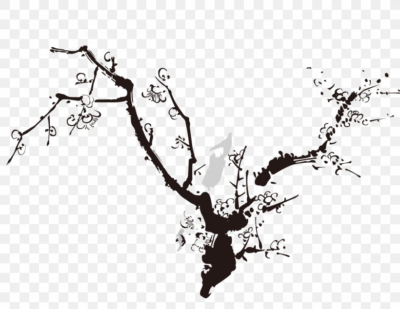 Plum Blossom Ink Wash Painting Four Gentlemen, PNG, 1486x1149px, Plum Blossom, Bamboo, Black And White, Blossom, Branch Download Free