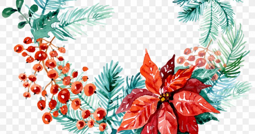 Watercolor Painting Clip Art Christmas Day Wreath, PNG, 1200x630px, Watercolor Painting, Art, Botany, Branch, Christmas Download Free