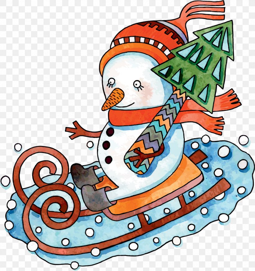 Sledding Snowman With A Scarf, PNG, 914x971px, Santa Claus, Area, Art, Artwork, Cartoon Download Free