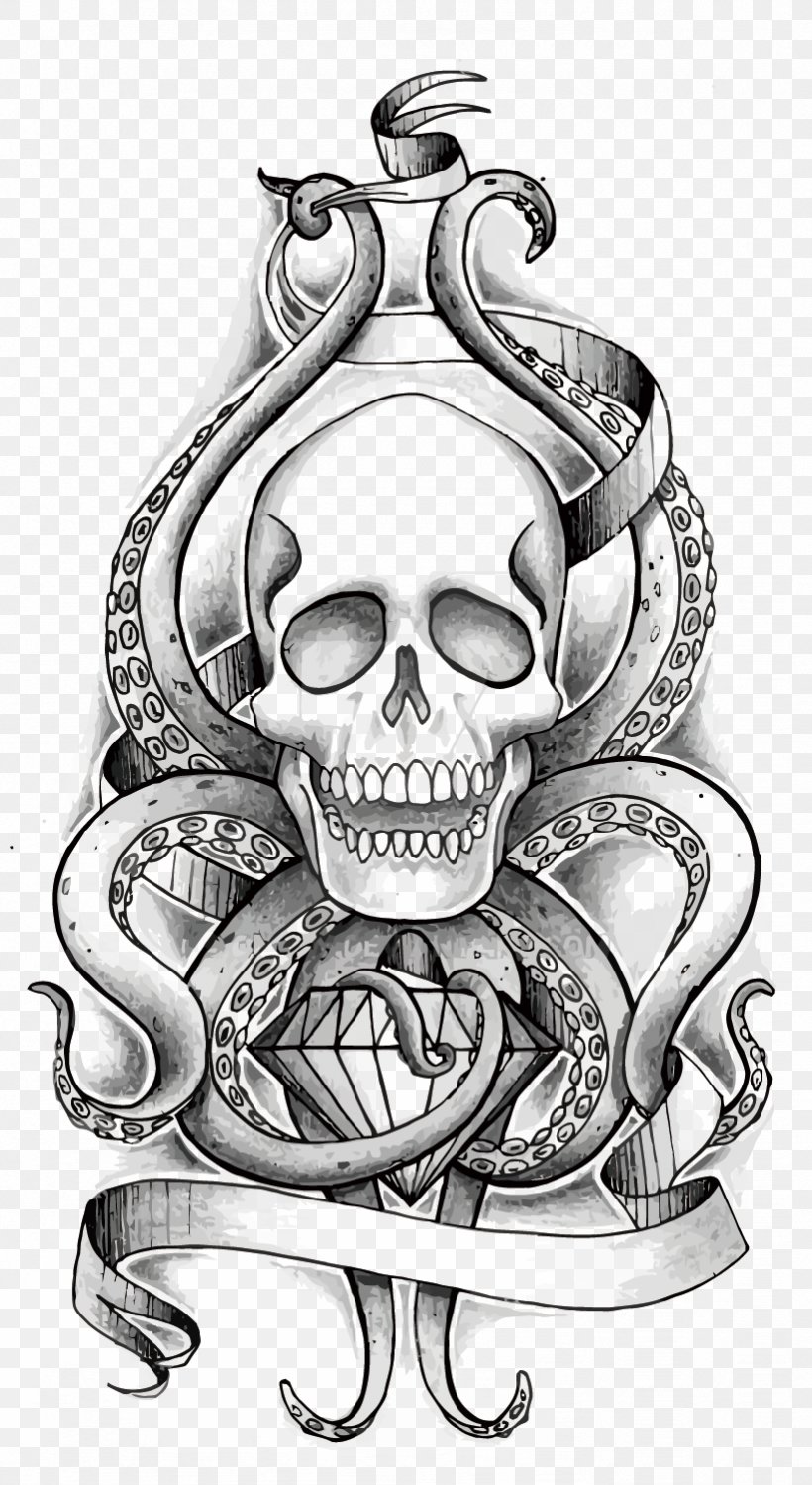 Octopus Skull Tentacle Human Skeleton, PNG, 821x1500px, Octopus, Art, Black And White, Bone, Drawing Download Free