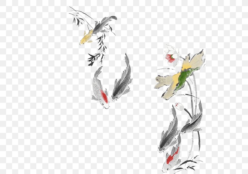 Koi Nelumbo Nucifera Ink Wash Painting Chinese Painting, PNG, 576x576px, Koi, Art, Artwork, Beak, Bird Download Free