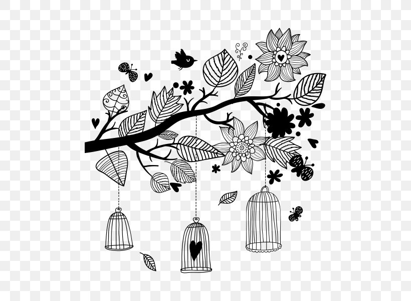 Drawing Wall Decal Cage Tree, PNG, 600x600px, Drawing, Birdcage, Black And White, Branch, Cage Download Free