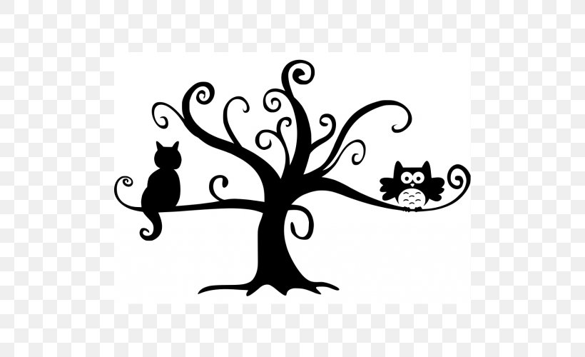Cat Owl Tree Felidae, PNG, 500x500px, Cat, Art, Artwork, Black, Black And White Download Free