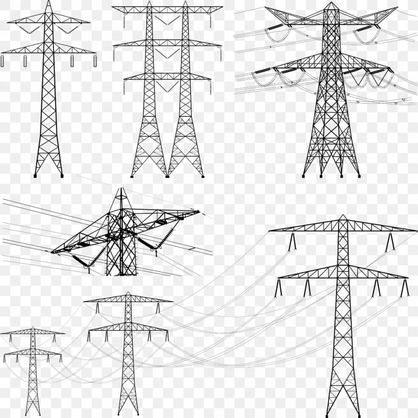 Transmission Tower Overhead Power Line Electric Power Transmission Electricity, PNG, 1000x999px, Transmission Tower, Artwork, Black And White, Drawing, Electric Power Transmission Download Free