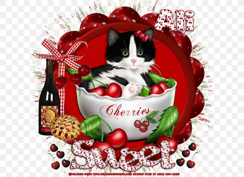 Kitten Whiskers Christmas Ornament Cherry Fruit, PNG, 608x595px, Kitten, Canvas, Cat, Cat Like Mammal, Cherry Download Free