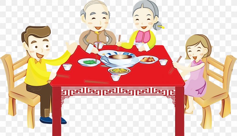 Chinese New Year Reunion Dinner, PNG, 1500x864px, Watercolor, Cartoon, Child, Chinese New Year, Dinner Download Free