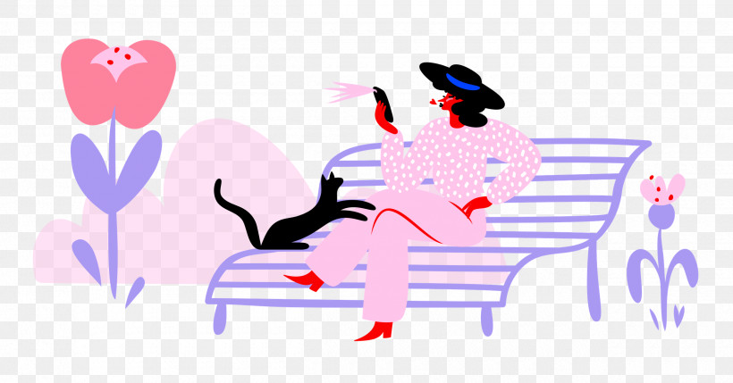 Park Cat Lady, PNG, 2500x1309px, Park, Behavior, Bench, Cartoon, Cat Download Free