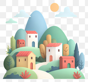 Cute Pastel Hill Village PNG