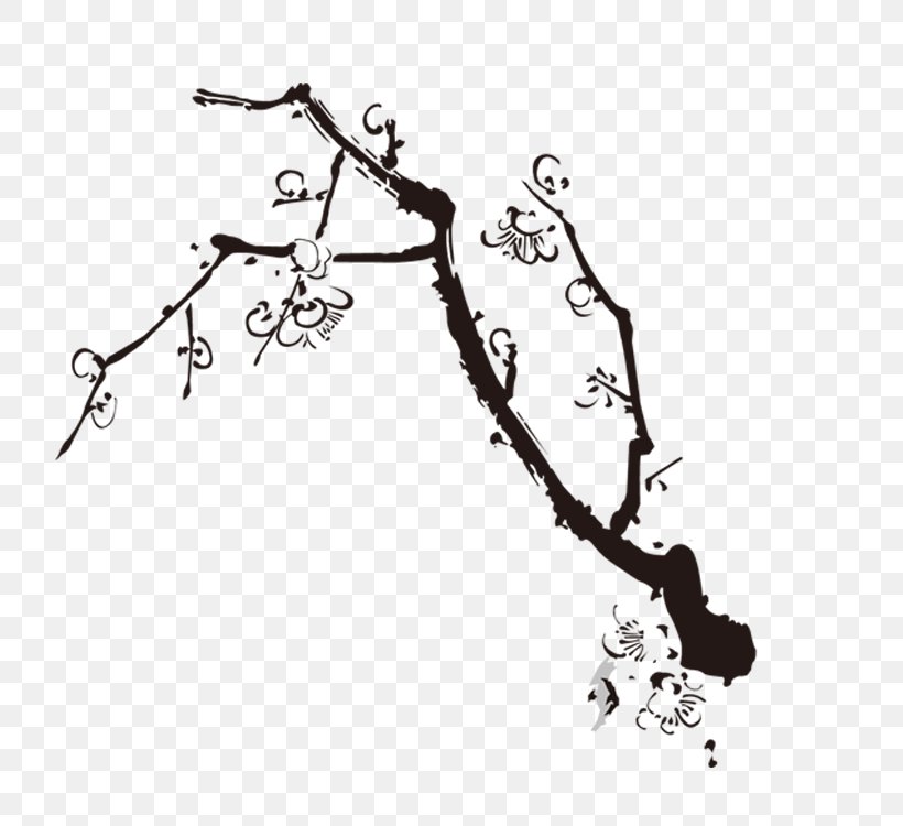 Plum Blossom Ink Wash Painting, PNG, 750x750px, Plum Blossom, Area, Art, Black And White, Body Jewelry Download Free