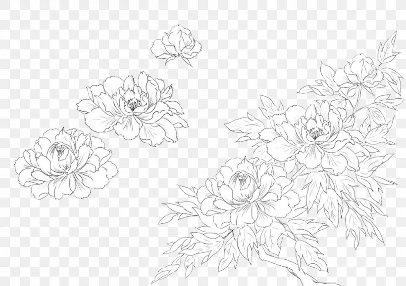 Drawing Floral Design Painting Moutan Peony, PNG, 1000x707px, Drawing, Area, Artwork, Black And White, Branch Download Free